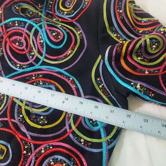 ANAGE Black Cotton Jacket Women's L Colorful Swirl Beaded‎ Embroidery Full Zip